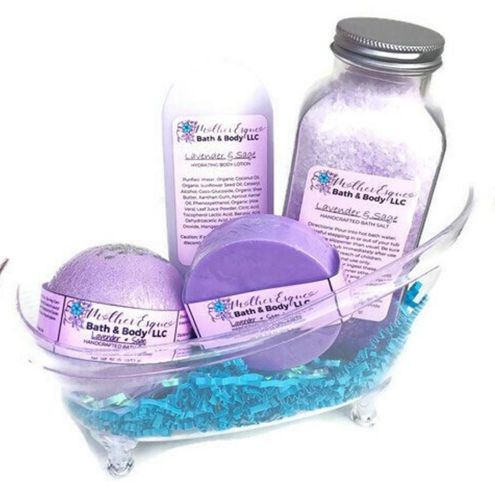Lavender and Sage Gift Basket, Includes Bath Salt, Lotion, Luffa Soap, Bath Bomb